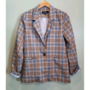 NWOT Lulus Blue Plaid Lightweight Oversized Lined 1 Button Blazer Sz S